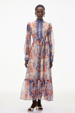 Aurohaya Sibyl Blue Floral Print Lace Trim Maxi Dress