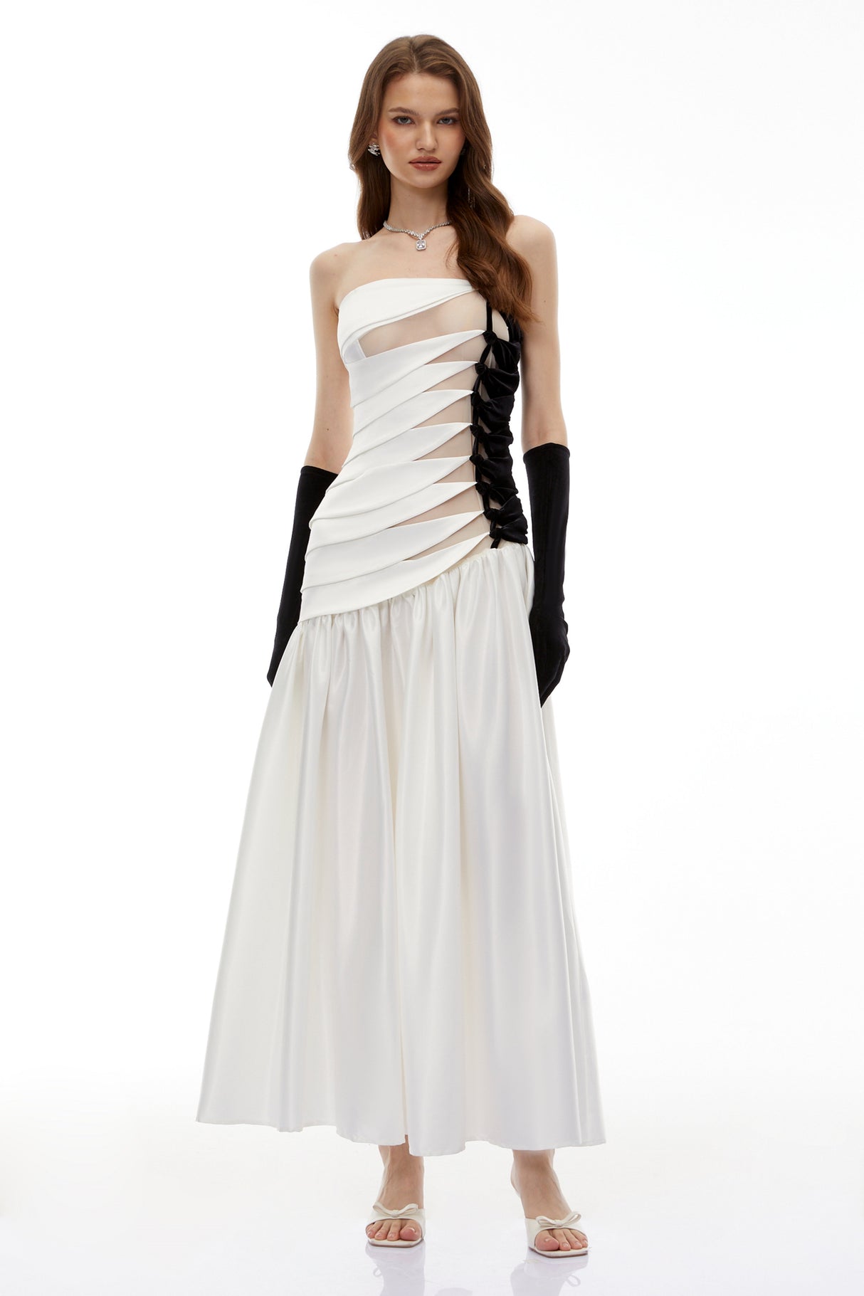 Aurohaya Sibylla White Twist Front Pleated Maxi Dress