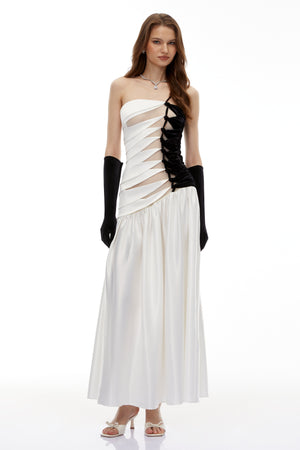 Aurohaya Sibylla White Twist Front Pleated Maxi Dress