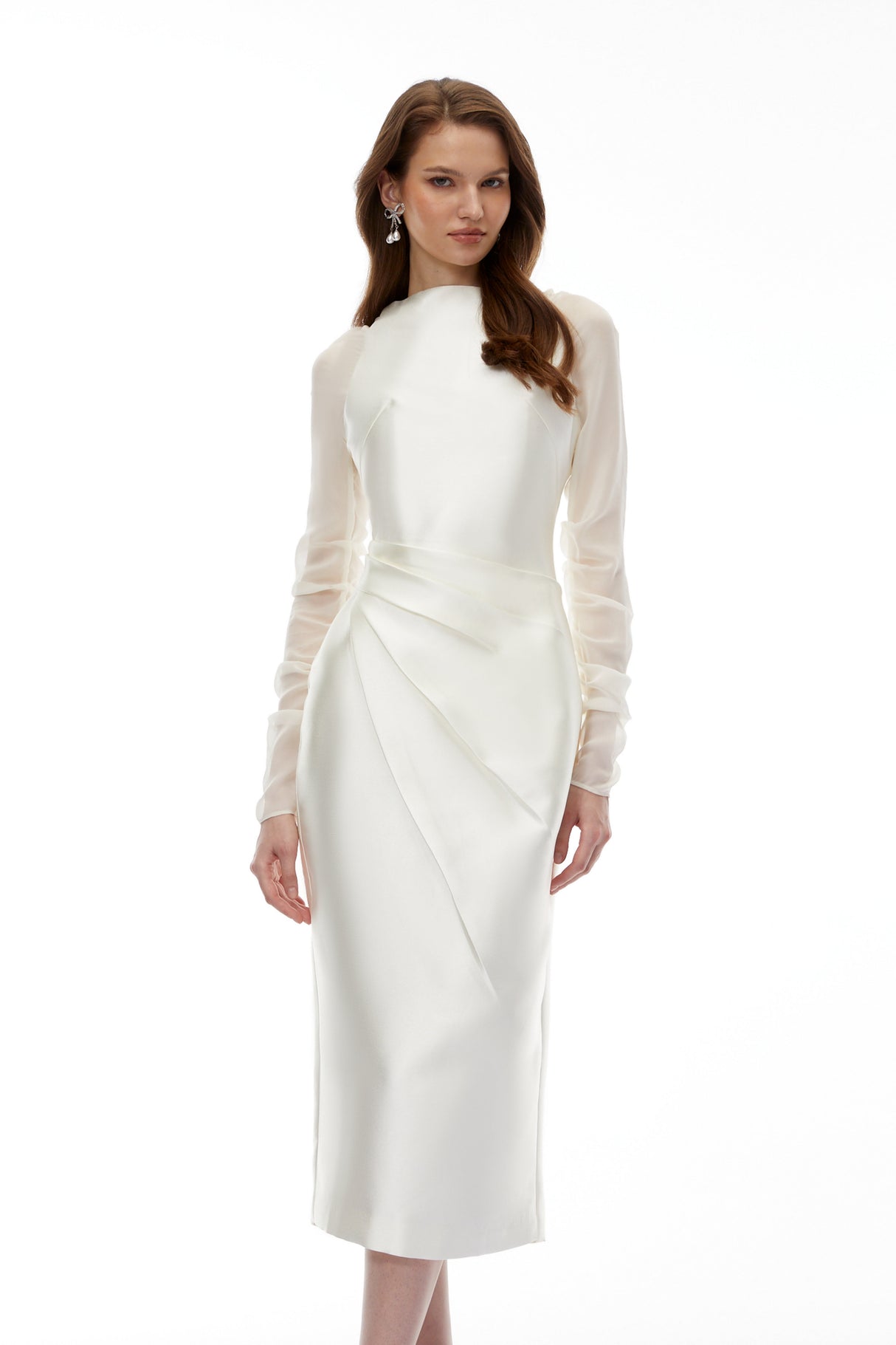 Aurohaya Sienna White Satin Midi Dress with Chiffon Panels