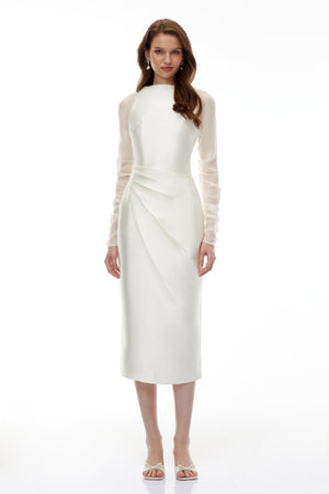 Aurohaya Sienna White Satin Midi Dress with Chiffon Panels