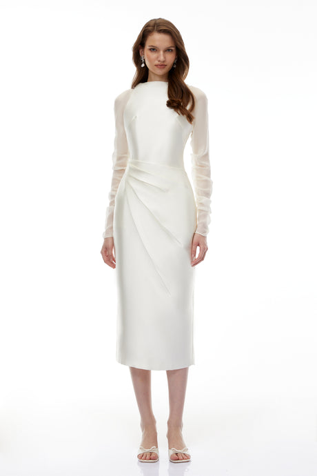 Aurohaya Sienna White Satin Midi Dress with Chiffon Panels