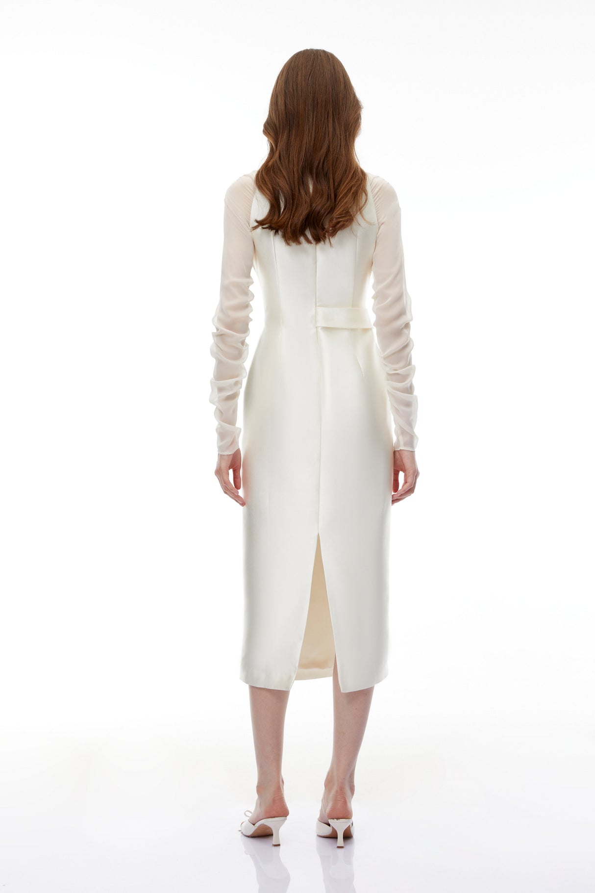 Aurohaya Sienna White Satin Midi Dress with Chiffon Panels