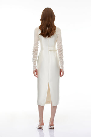Aurohaya Sienna White Satin Midi Dress with Chiffon Panels