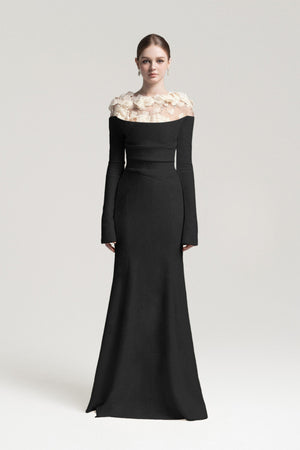 Aurohaya Silvia Black Floral Appliqué Off-Shoulder Gown