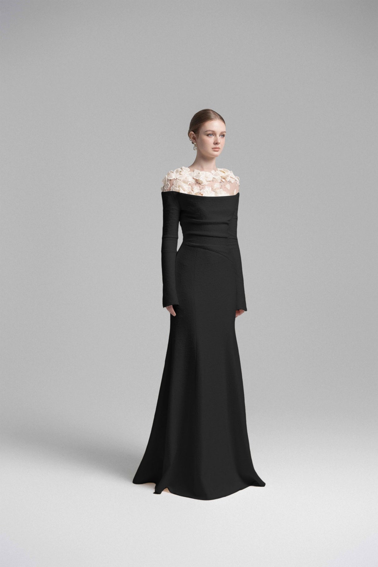 Aurohaya Silvia Black Floral Appliqué Off-Shoulder Gown