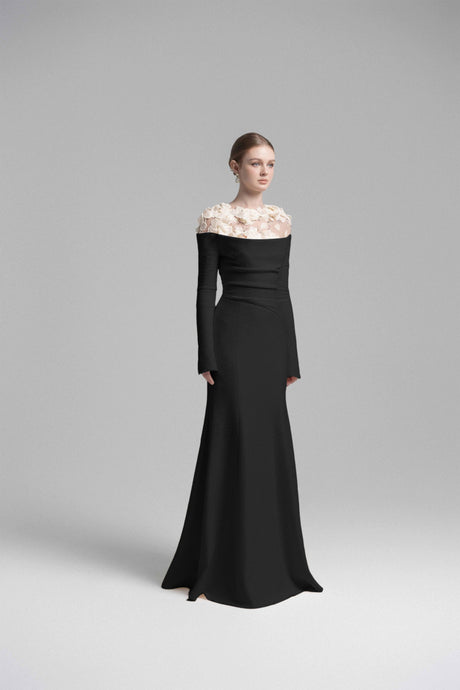 Aurohaya Silvia Black Floral Appliqué Off-Shoulder Gown