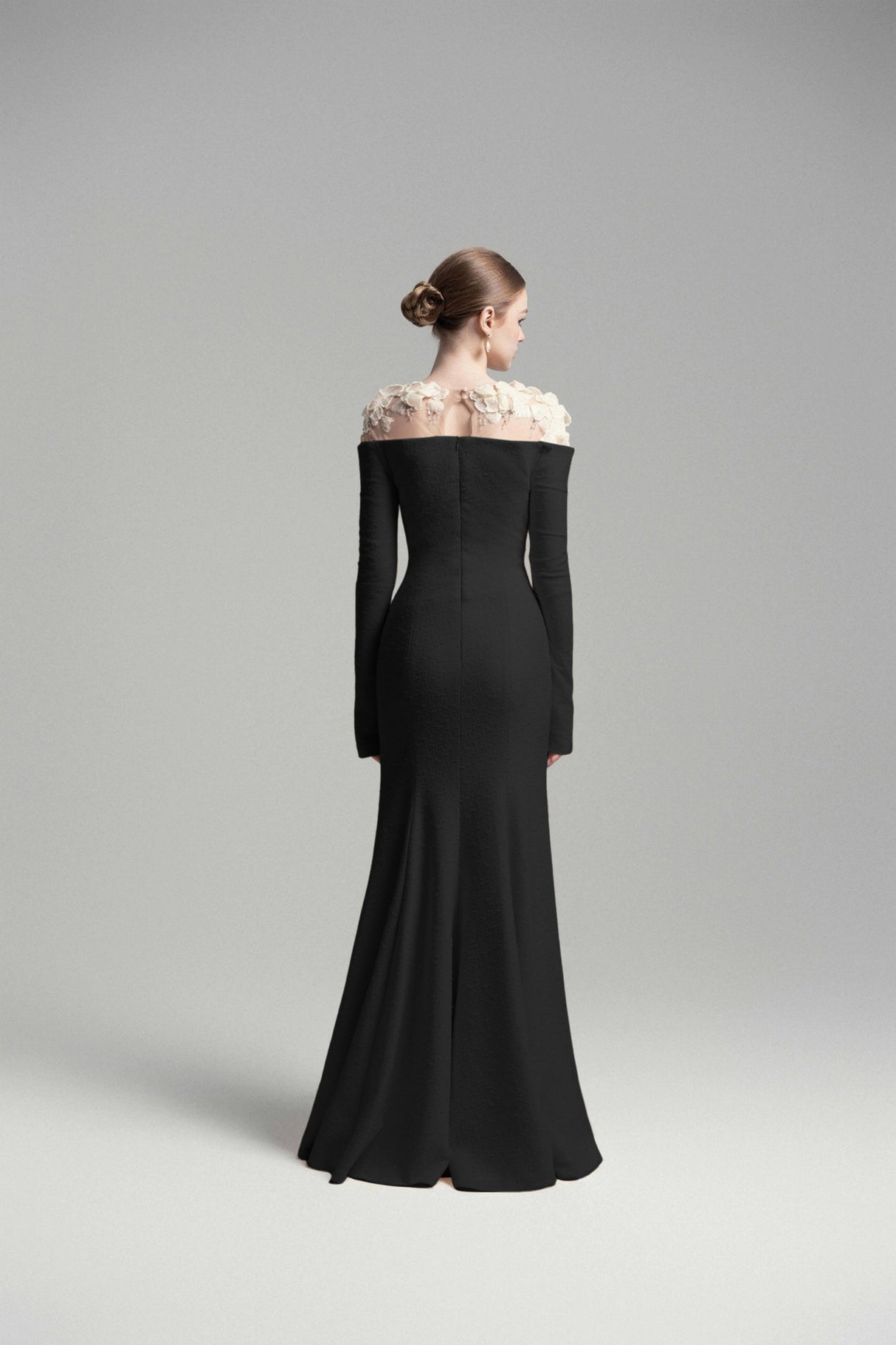 Aurohaya Silvia Black Floral Appliqué Off-Shoulder Gown
