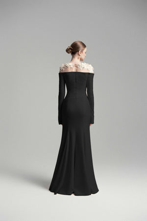Aurohaya Silvia Black Floral Appliqué Off-Shoulder Gown