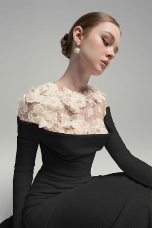 Aurohaya Silvia Black Floral Appliqué Off-Shoulder Gown