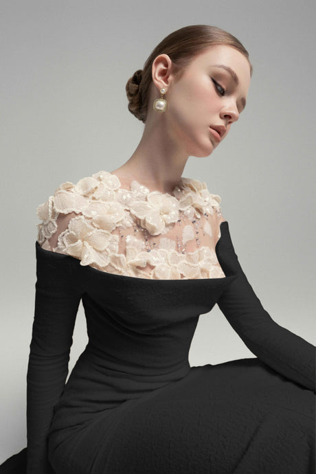 Aurohaya Silvia Black Floral Appliqué Off-Shoulder Gown