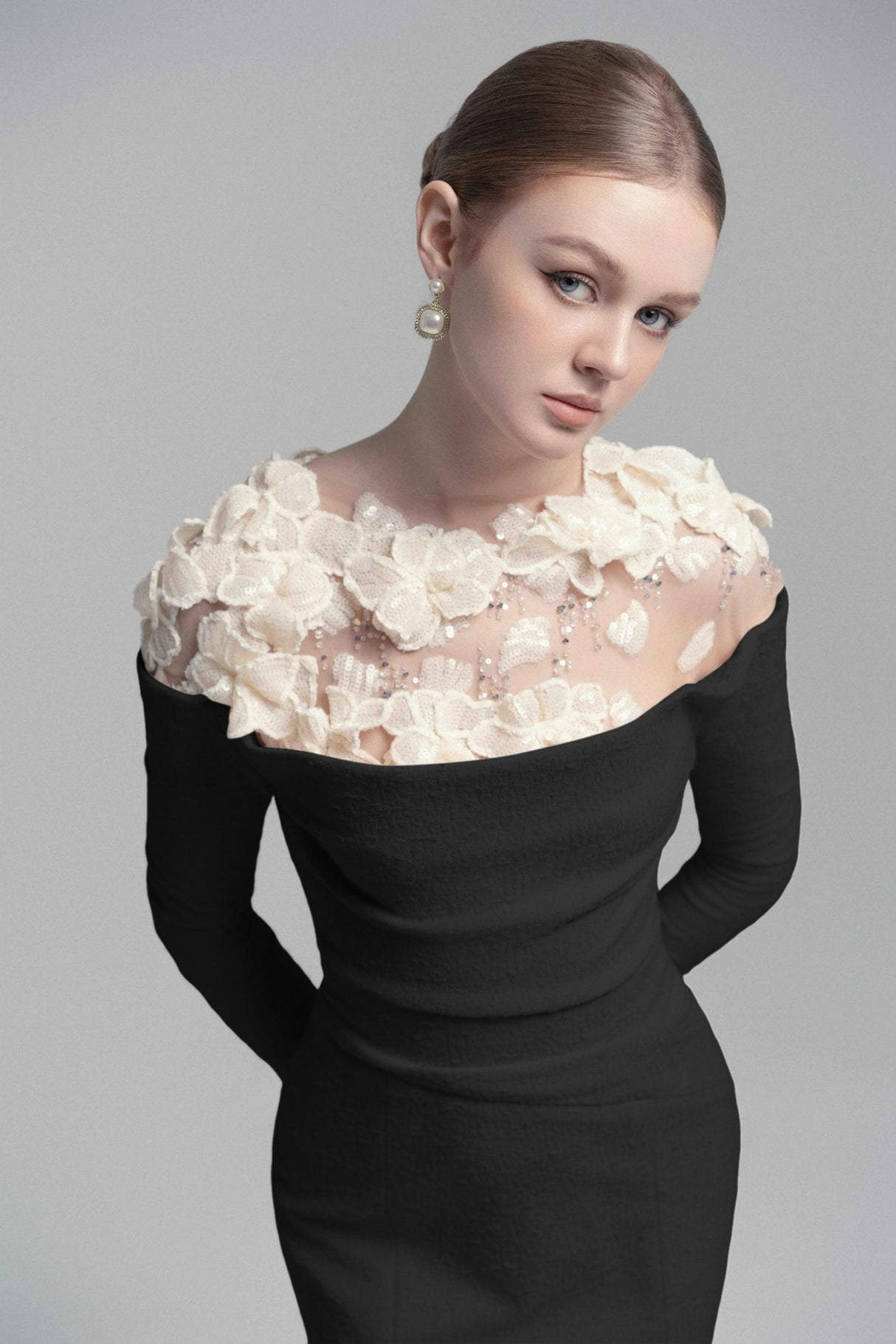 Aurohaya Silvia Black Floral Appliqué Off-Shoulder Gown