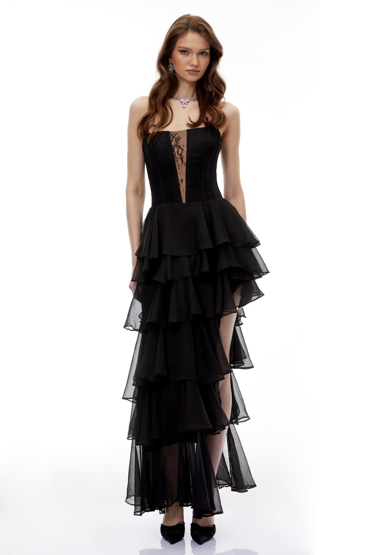 Aurohaya Simone Black Tulle Maxi Dress with Cut-Outs