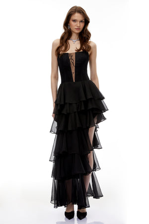 Aurohaya Simone Black Tulle Maxi Dress with Cut-Outs