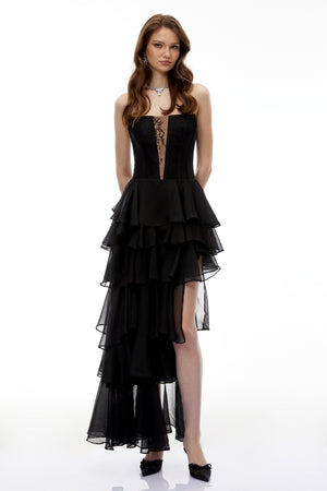 Aurohaya Simone Black Tulle Maxi Dress with Cut-Outs