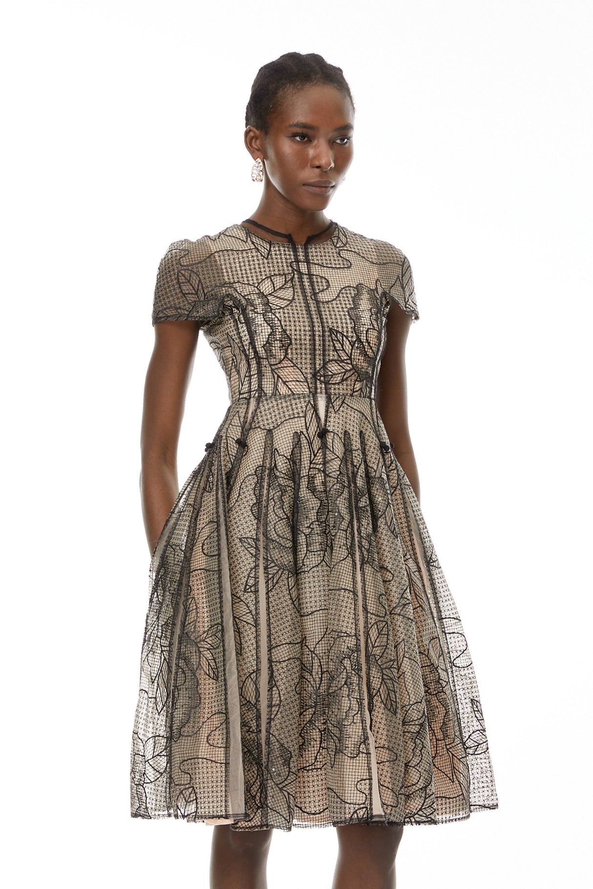 Aurohaya Sisanda Black Semi Sheer Floral Midi Dress