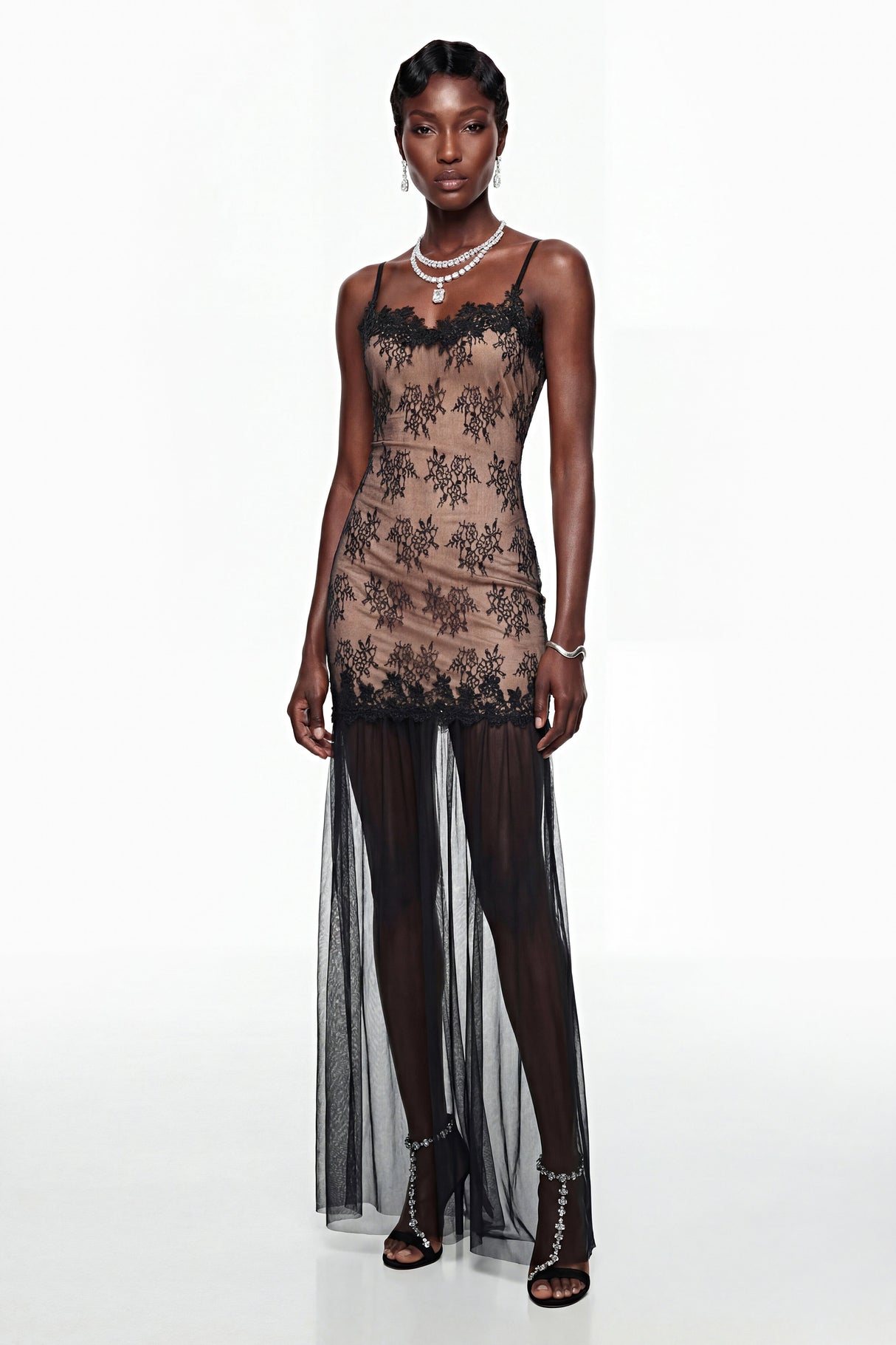 Aurohaya Sisanda Black Tulle Maxi Dress with Lace Panels