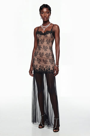 Aurohaya Sisanda Black Tulle Maxi Dress with Lace Panels