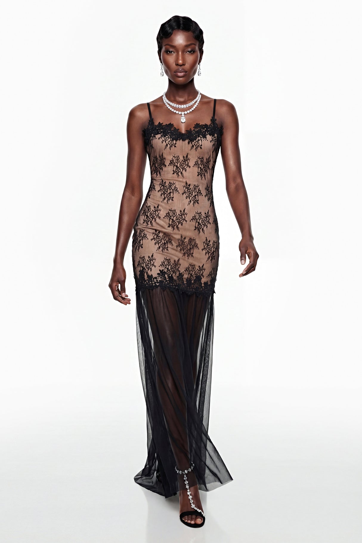 Aurohaya Sisanda Black Tulle Maxi Dress with Lace Panels