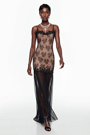 Aurohaya Sisanda Black Tulle Maxi Dress with Lace Panels