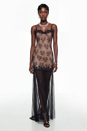 Aurohaya Sisanda Black Tulle Maxi Dress with Lace Panels