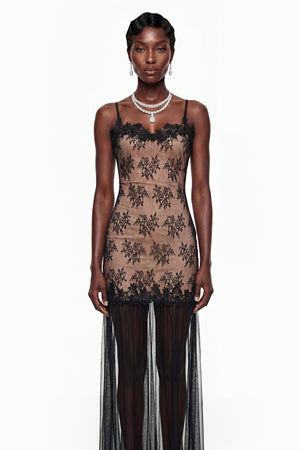 Aurohaya Sisanda Black Tulle Maxi Dress with Lace Panels