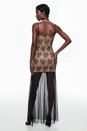 Aurohaya Sisanda Black Tulle Maxi Dress with Lace Panels
