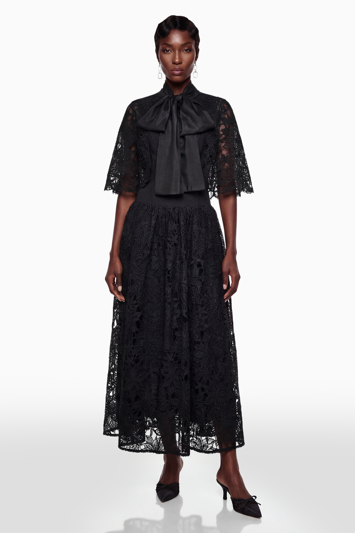 Aurohaya Sissel Black Floral Lace Maxi Dress with Self-Tie
