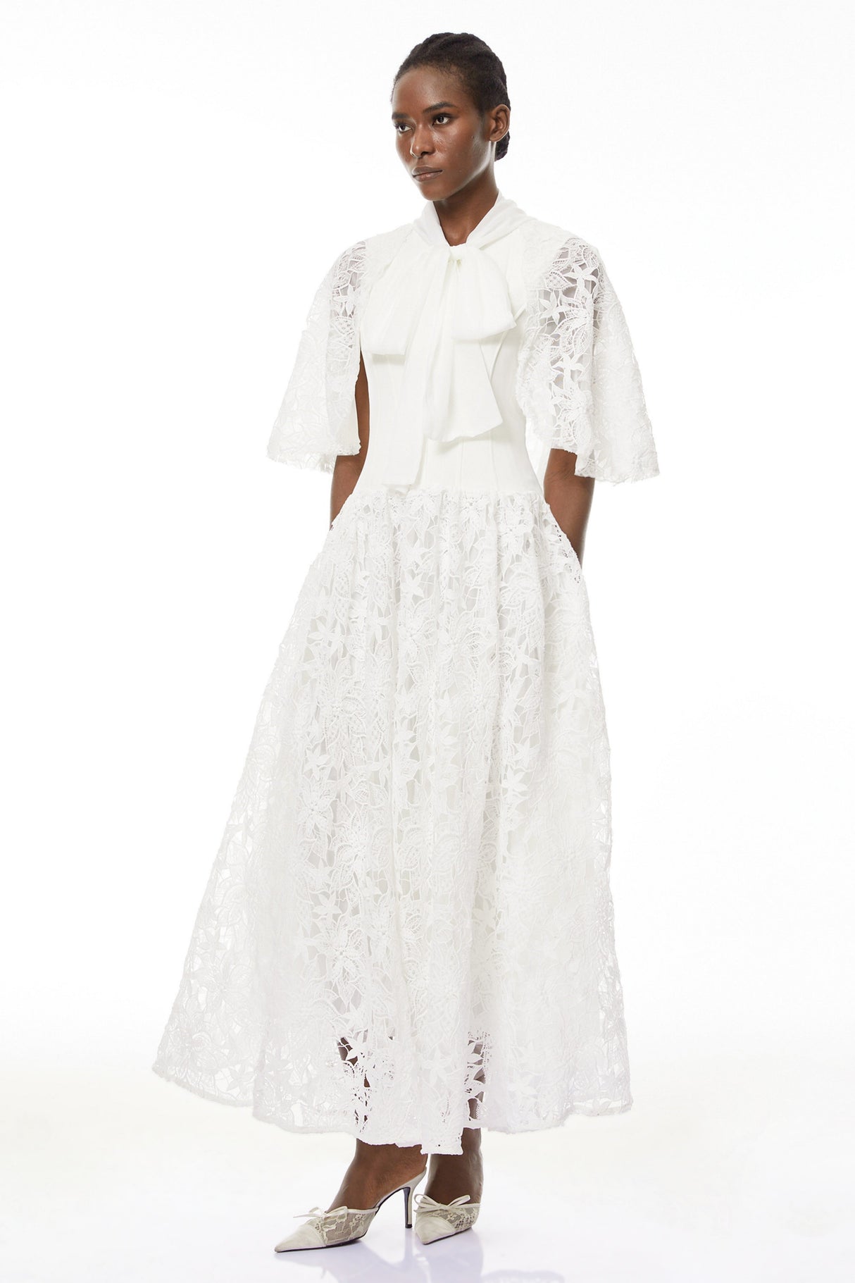 Aurohaya Sissel White Floral Lace Maxi Dress with Self-Tie