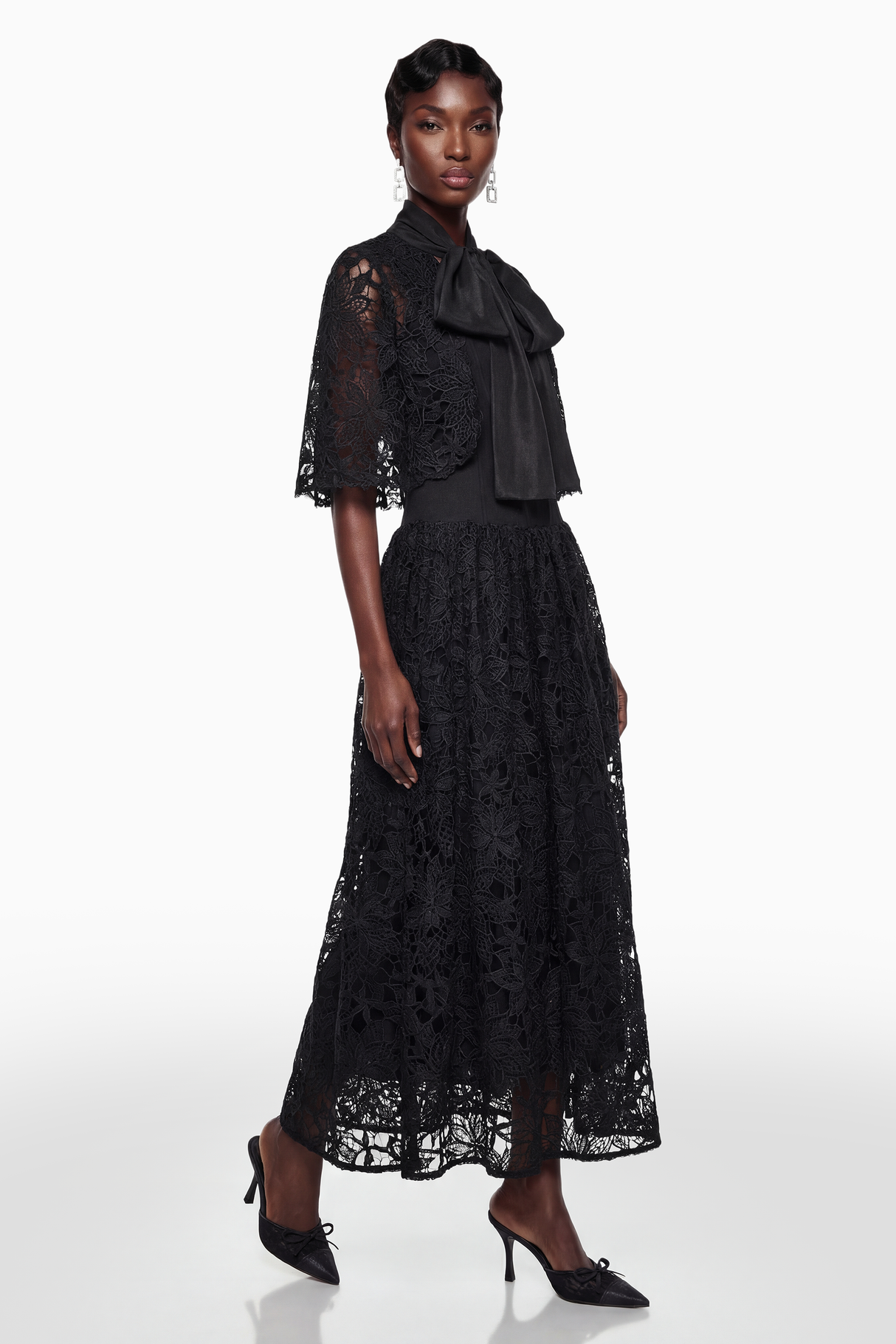Aurohaya Sissel Black Floral Lace Maxi Dress with Self-Tie