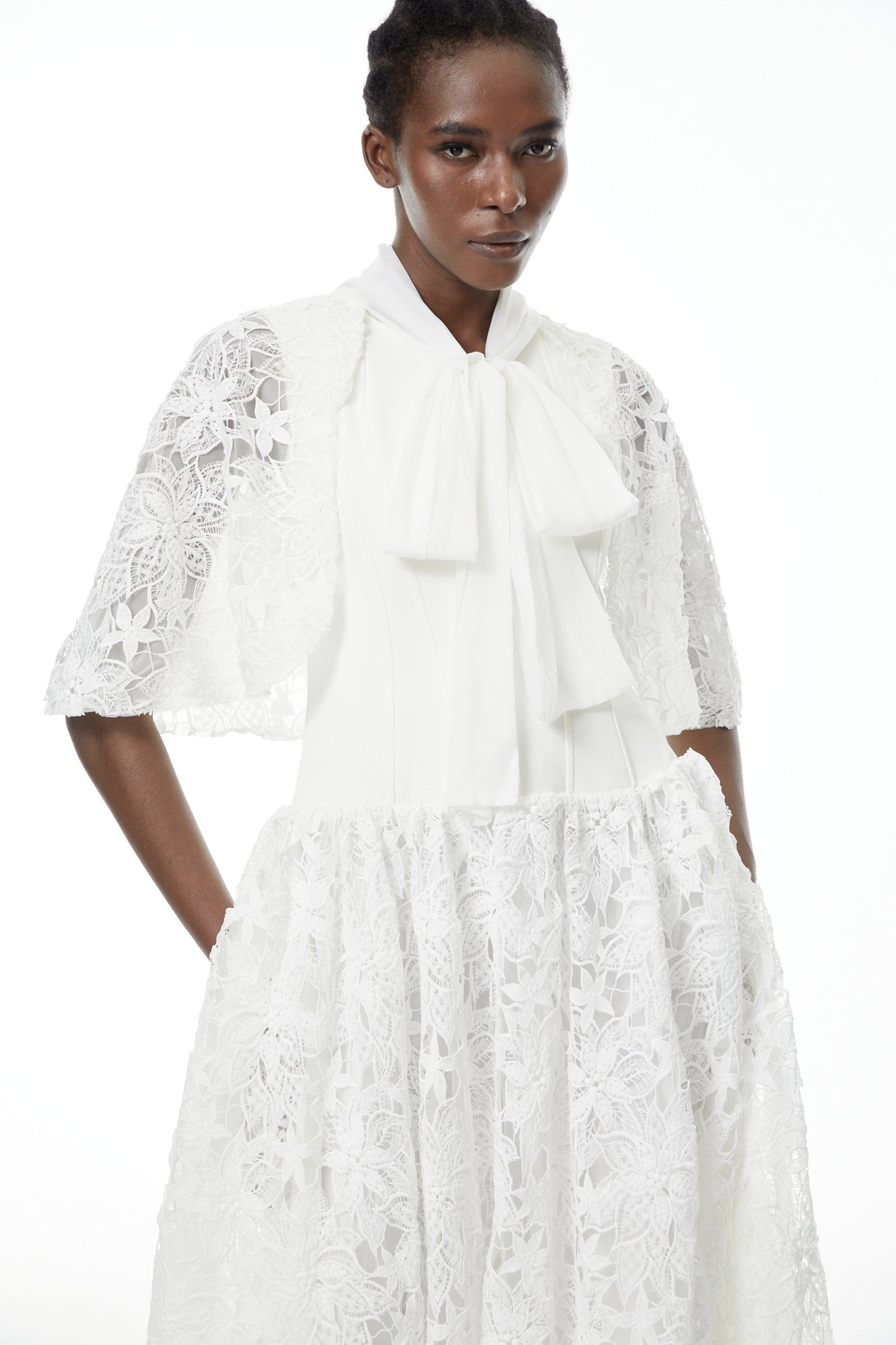 Aurohaya Sissel White Floral Lace Maxi Dress with Self-Tie