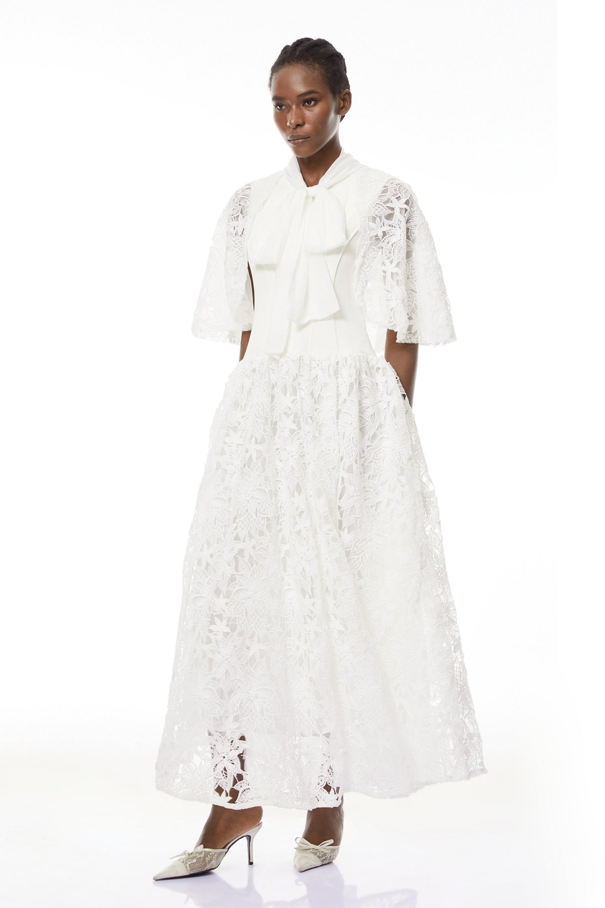 Aurohaya Sissel White Floral Lace Maxi Dress with Self-Tie