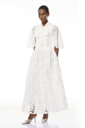 Aurohaya Sissel White Floral Lace Maxi Dress with Self-Tie