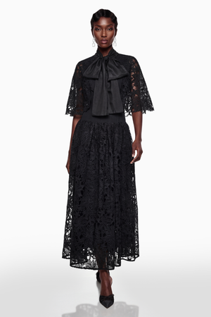 Aurohaya Sissel Black Floral Lace Maxi Dress with Self-Tie