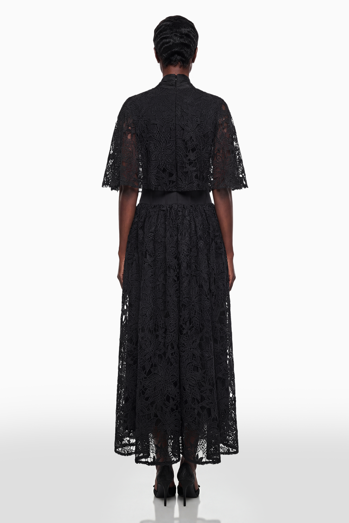 Aurohaya Sissel Black Floral Lace Maxi Dress with Self-Tie