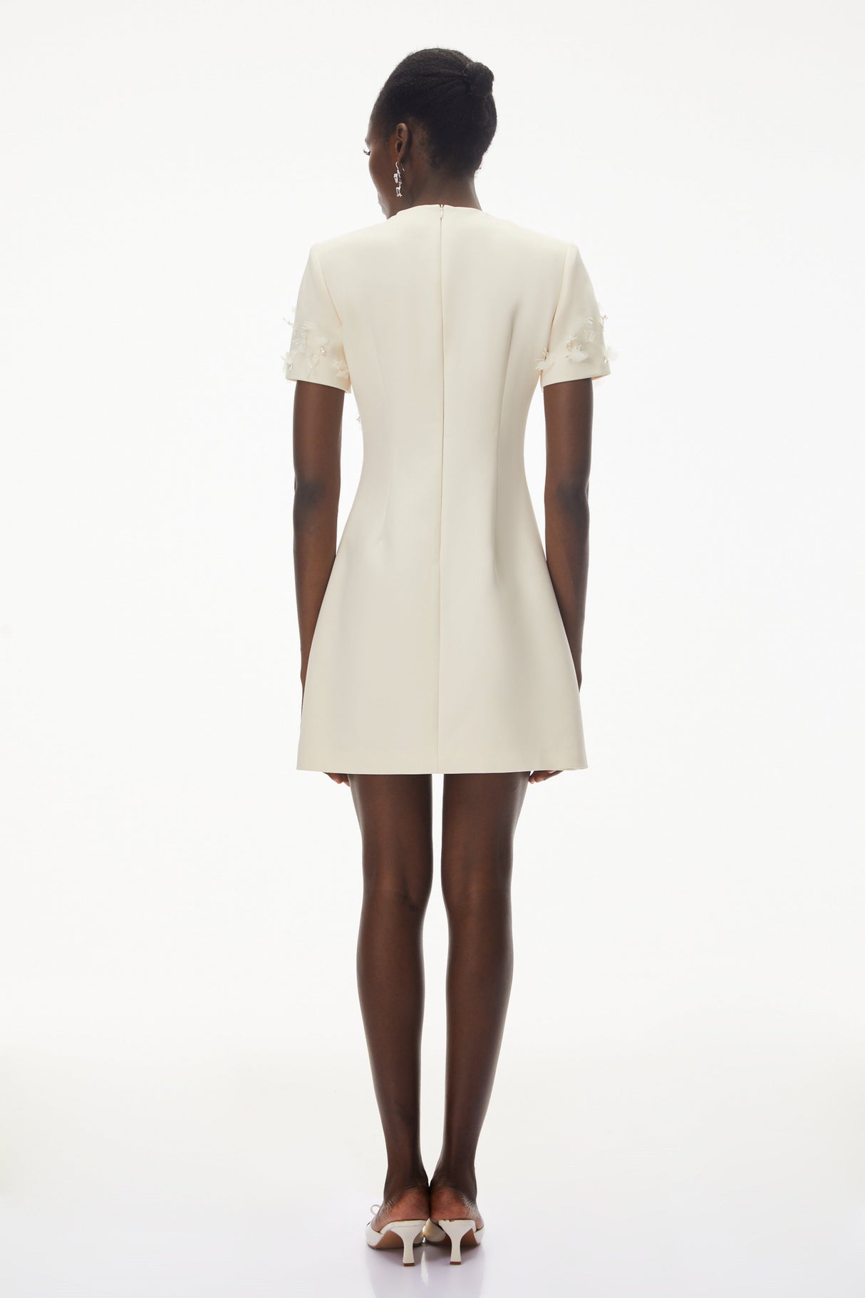 Aurohaya Skye Ivory Round Neck Mini Dress with Floral Applique