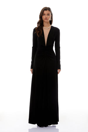 Aurohaya Sofia Black Cinched Waist Ruched Maxi Dress