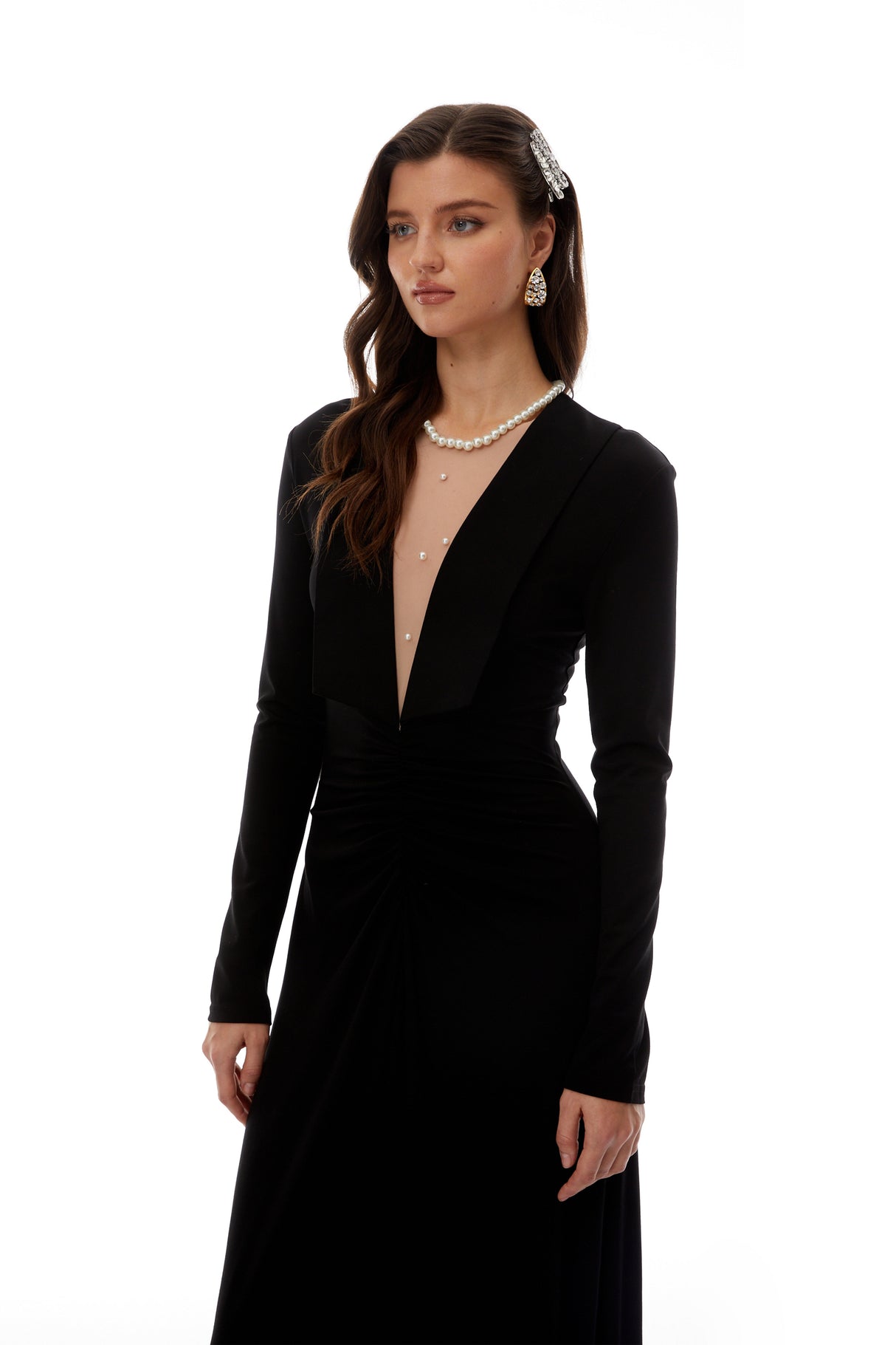 Aurohaya Sofia Black Cinched Waist Ruched Maxi Dress