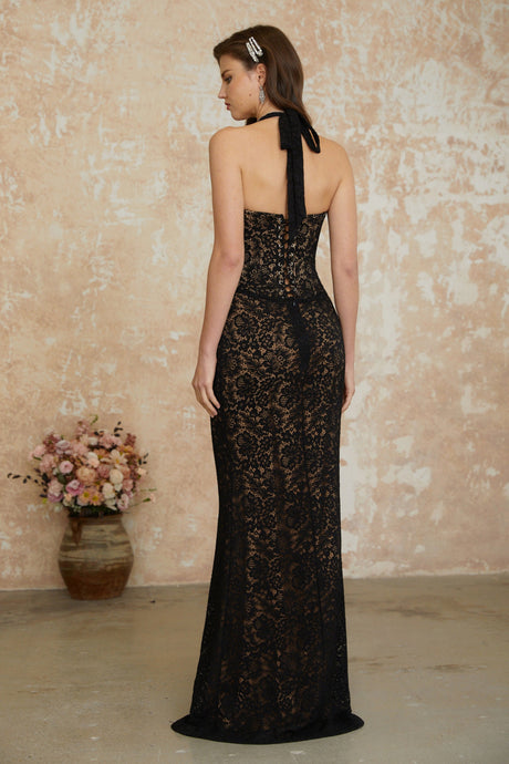 Aurohaya Sofia Black Floral Lace Corset Maxi Gown