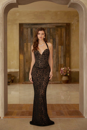 Aurohaya Sofia Black Floral Lace Corset Maxi Gown