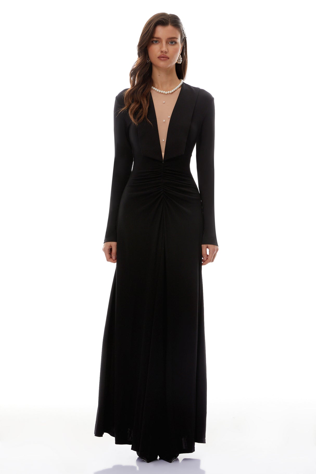 Aurohaya Sofia Black Cinched Waist Ruched Maxi Dress