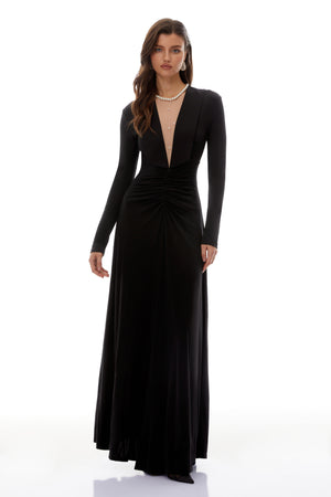 Aurohaya Sofia Black Cinched Waist Ruched Maxi Dress