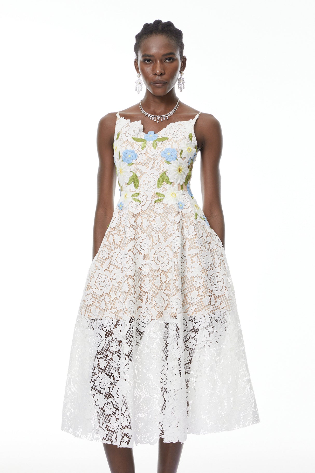 Aurohaya Solea White Floral Embroidered Lace Midi Dress