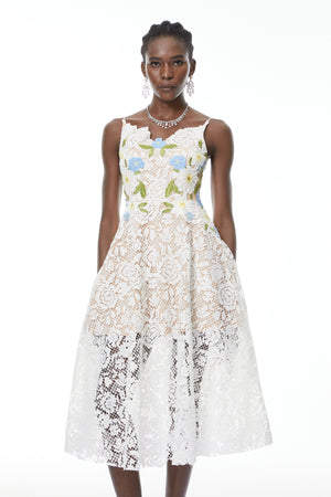 Aurohaya Solea White Floral Embroidered Lace Midi Dress