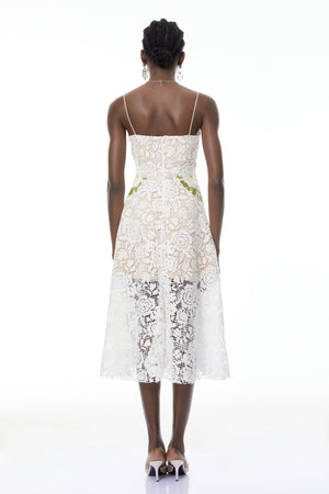 Aurohaya Solea White Floral Embroidered Lace Midi Dress