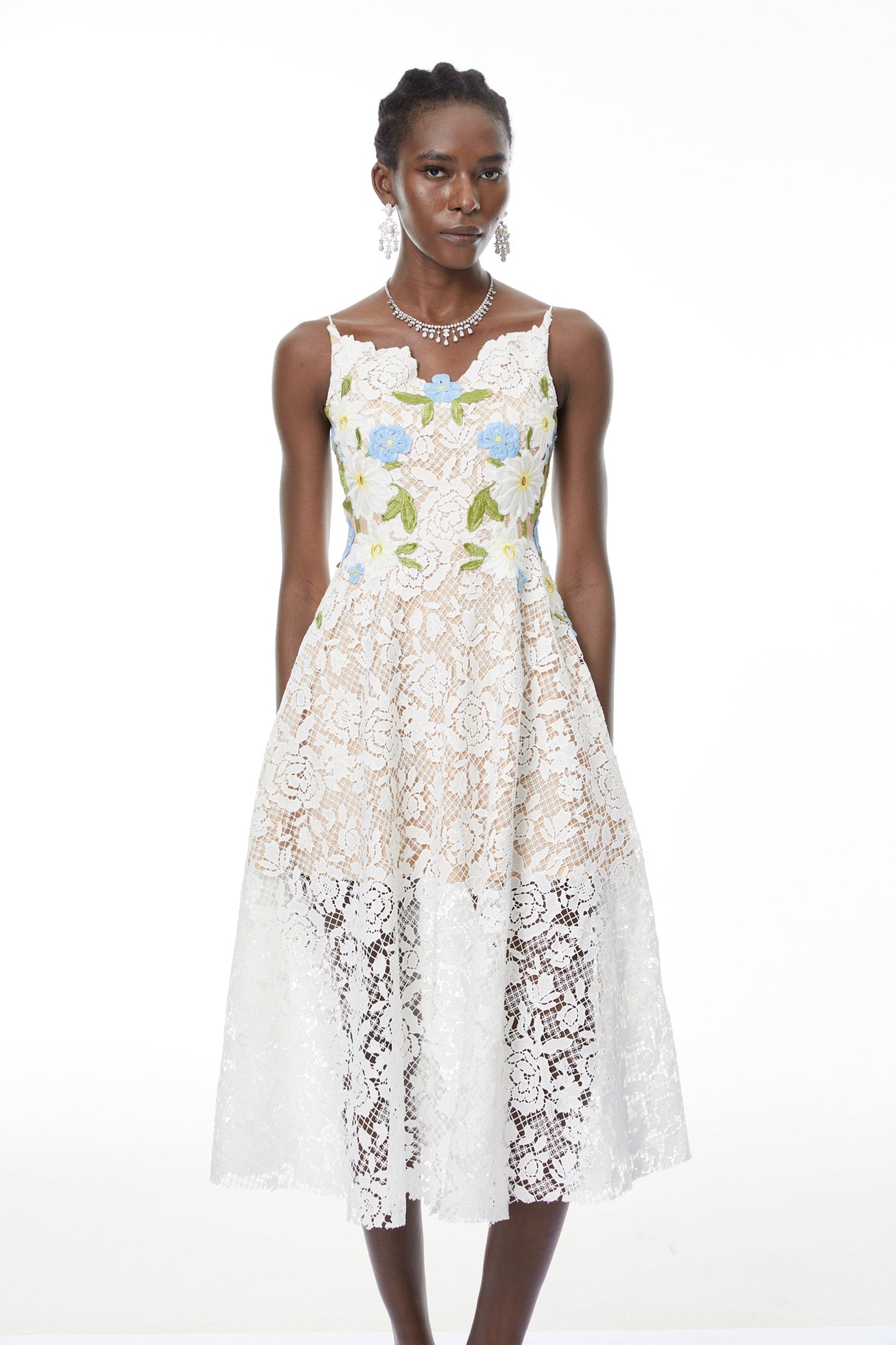 Aurohaya Solea White Floral Embroidered Lace Midi Dress