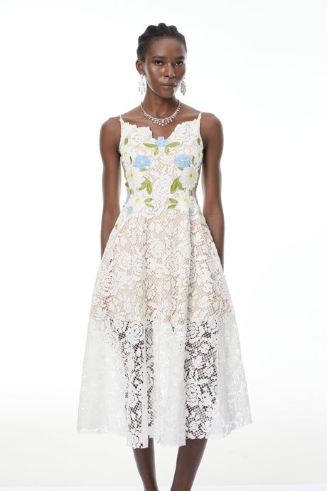 Aurohaya Solea White Floral Embroidered Lace Midi Dress