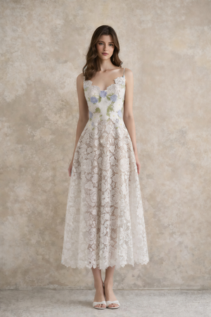 Aurohaya Solea White Floral Embroidered Lace Midi Dress
