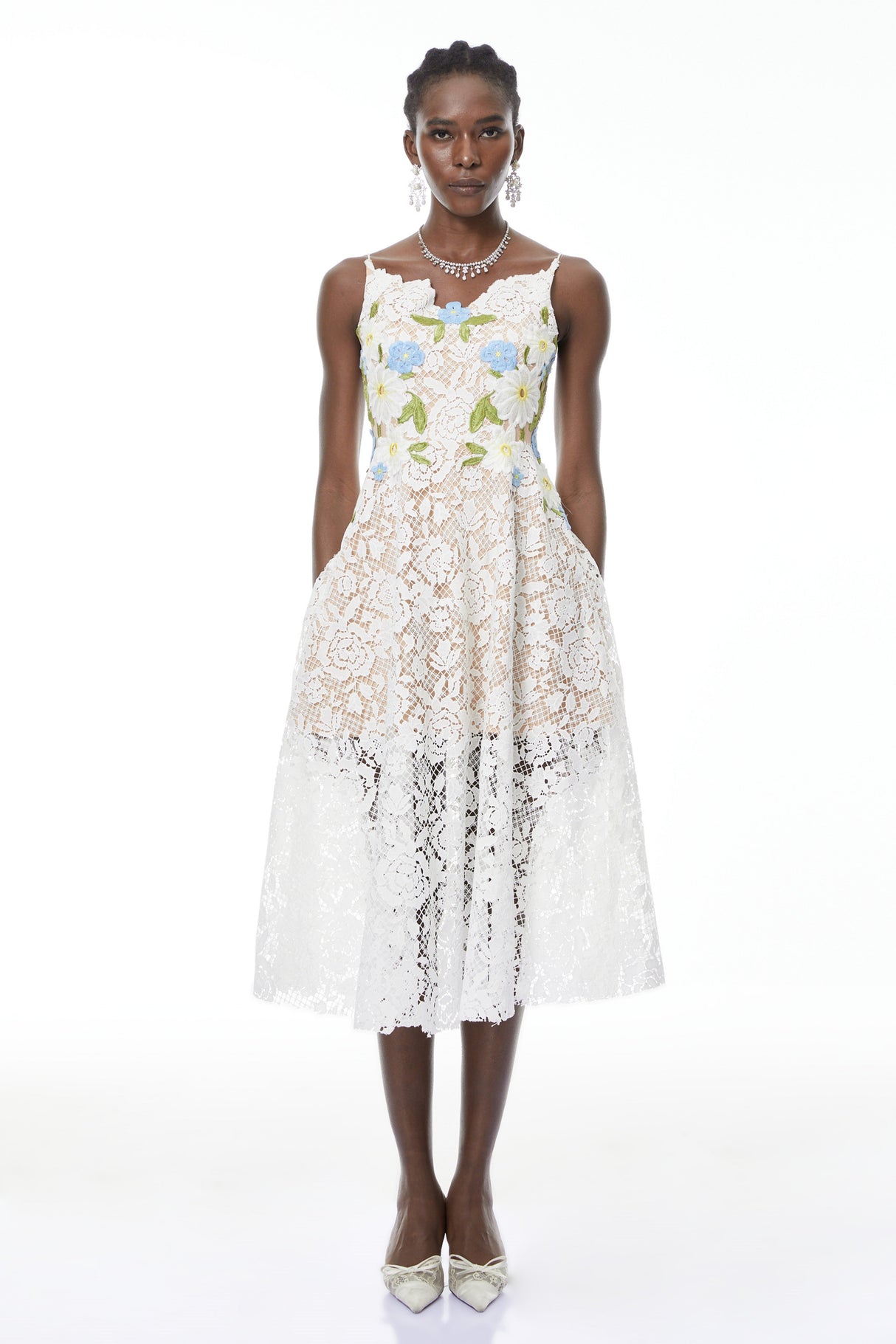 Aurohaya Solea White Floral Embroidered Lace Midi Dress