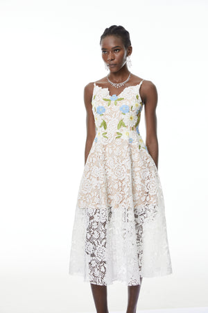 Aurohaya Solea White Floral Embroidered Lace Midi Dress
